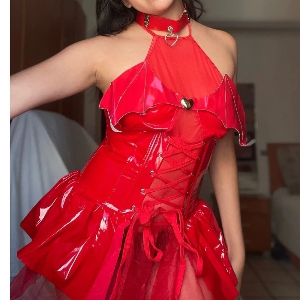 New Vegan Leather Red Halloween Bat Costume Dress Sexy Mesh Choker Corset Devil